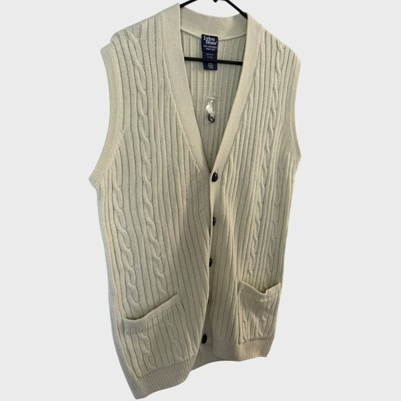 Vintage John Blair Button-Up V-Neck Cable Knit Sweater Vest Cream Men's Medium - Picture 3 of 9